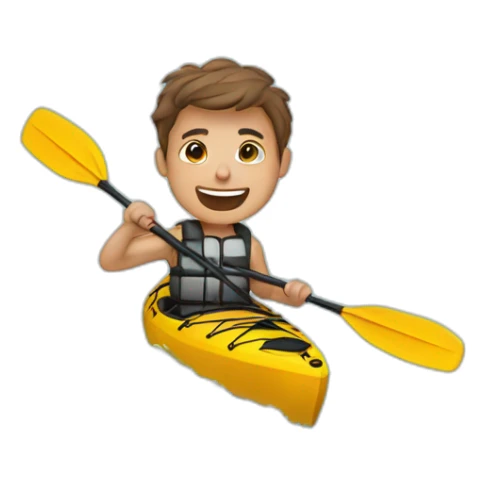 Thin young man in a kayak on water waving sticker