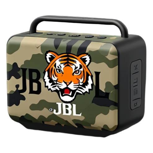 Sleek JBL Go 4 with tiger stripe camouflage pattern, minimal aesthetic, portable speaker, simplified silhouette sticker