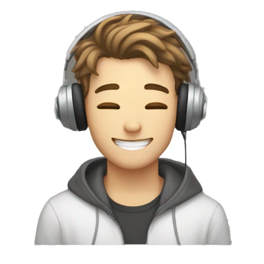 white 20yo guy, wearing a headphone, having a brown curtain mullet hair, cutely smiling with closed eyes and holding a heart in his hands sticker