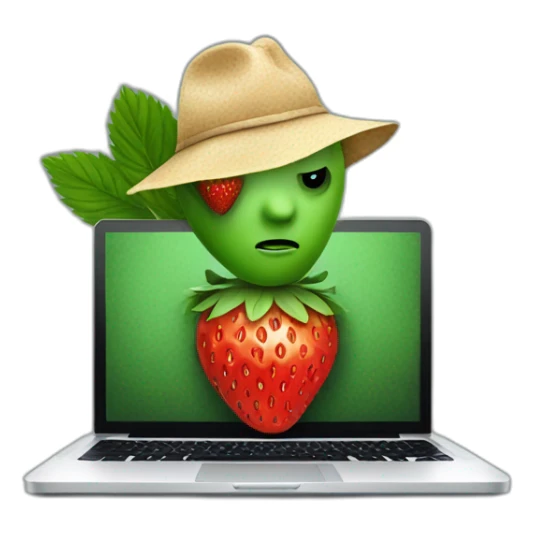 strawberry scamming who look like a human on a laptop like a bandit sticker