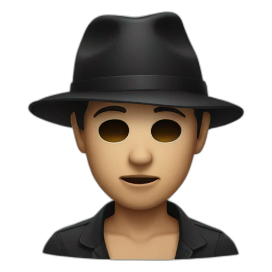 young age man wearing half skull mask (covering face) with a black fedora hat sticker