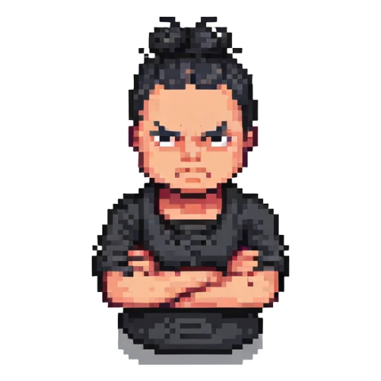 man with black bun, angry expression, arms crossed, dressed all in black, pixel art 32bit style sticker