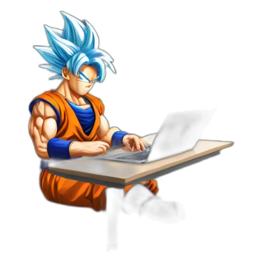 Dragonball goku sitting on his desk coding with the Rockies mountain in the background sticker