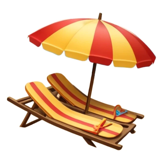 Icon for Beach Tourism: a sandy beach with a sun umbrella and flip-flops, with the ocean waves in the background. The icon should capture the relaxation and fun of a beach vacation. Transparent background sticker
