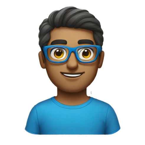 cto of a graphic design company with cool glasses and a blue tshirt sticker