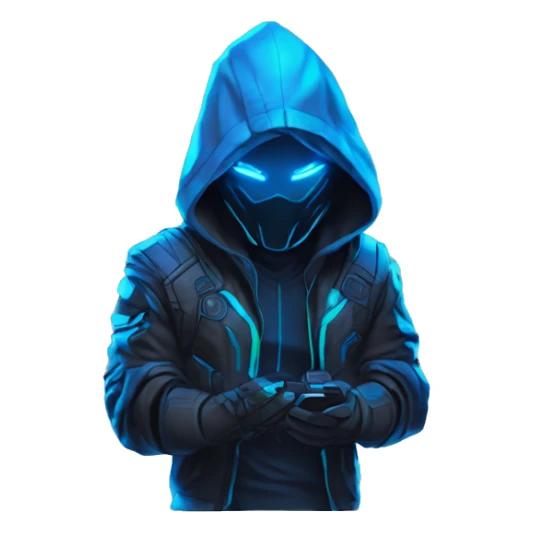 developer behind his laptop with this style : crysis Cyberpunk Riot Games Valorant neon glowing bright blue character blue black hooded assassin themed character sticker