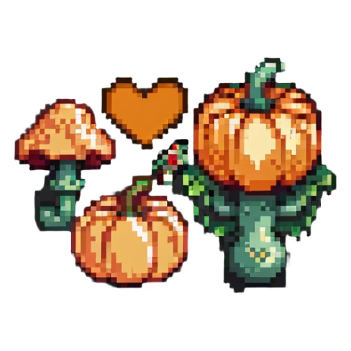 heart with a mushroom on one side and a pumpkin on the other sticker