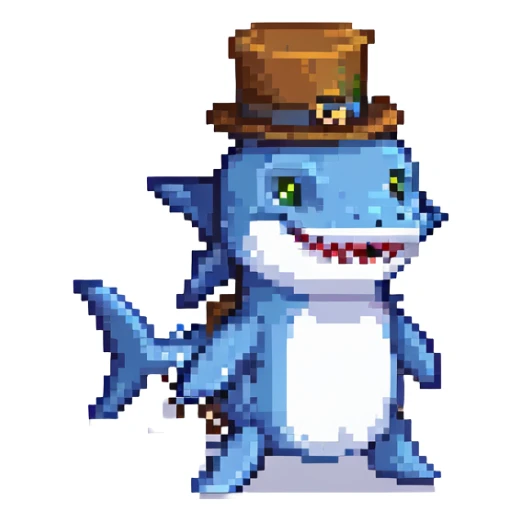 pixel art shark, blue, with a fancy tophat sticker