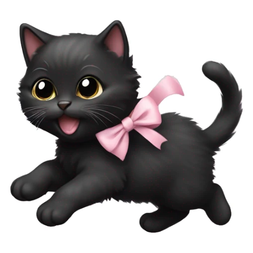 fluffy black fat kitten running with pale pink bow sticker