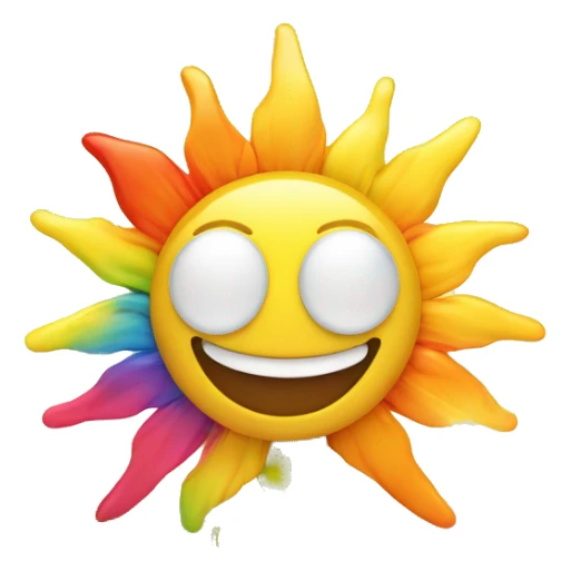 Illustrate a smiling sun with rainbow rays, rising above a vibrant beach scene." sticker
