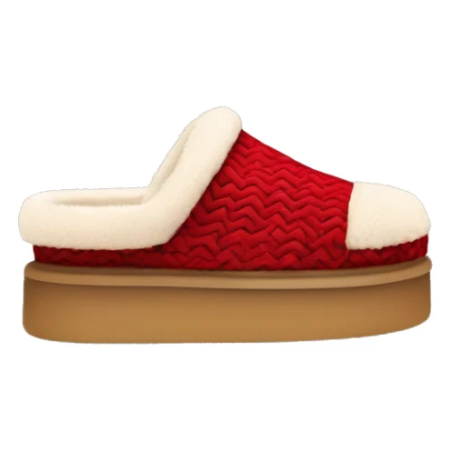 Ugg Camel slip-on slippers. A very thin red zig-zag woven line only encircling the top cuff, and a high chunky thick platform sole. sticker