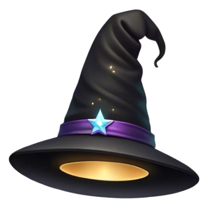 A mysterious black magician’s hat floating in mid-air, surrounded by soft glowing sparkles and a subtle magical aura. A faint swirl of energy flows underneath, giving the illusion of levitation. Flat, modern illustration, clean and minimalistic, digital art, white background, iOS emoji aesthetic. sticker
