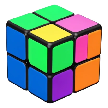 A 3x3 Rubik's Cube with fluorescent colors: glowing green, radiant pink, brilliant blue, luminous yellow, vivid orange, intense purple, minimalist iOS emoji style sticker