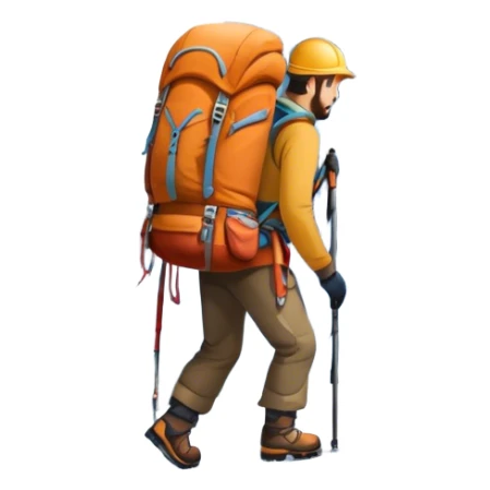 Icon for Mountain Tourism and Climbing: a mountain peak in the background, climbing gear and backpack. The icon should capture the adventure and challenge of alpine exploration. Transparent background. sticker