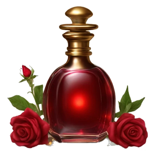 Dark red magic fairy light sparkling old Antique oil perfume bottle with herbal and rose flowers sticker