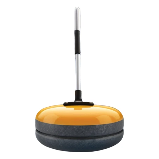 An icon featuring a curling stone in the foreground on an ice sheet with marked target circles. A curling broom rests nearby. In the background, a grand indoor stadium with bright lights and cheering fans. The ice reflects the vibrant colors of the surroundings. Transparent background. sticker