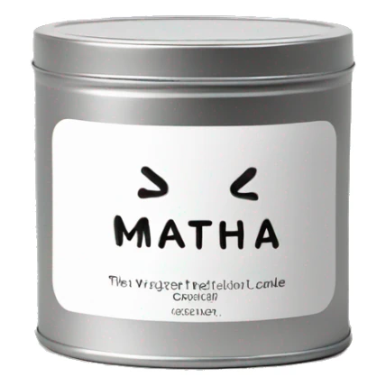 realistic short lit matcha candle, silver tin, small plain white label with black text sticker