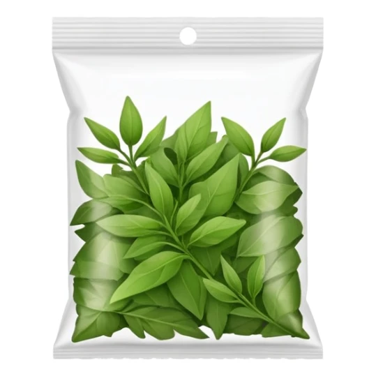small plastic pack with green dried herbal leaves which are clumped together  sticker