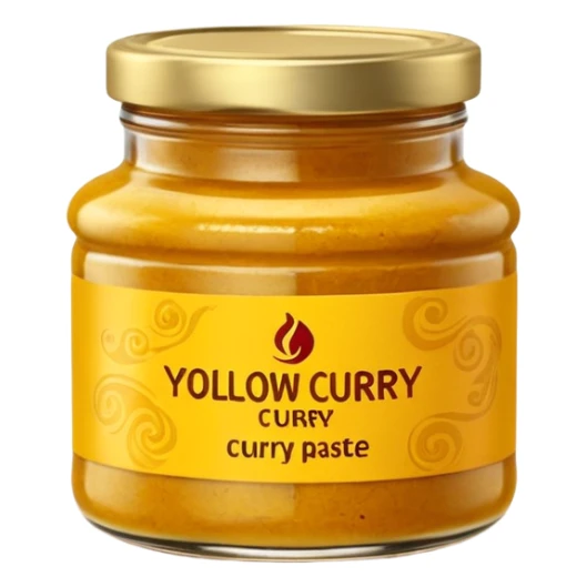 short glass jar with yellow curry paste, deep golden-yellow, thick and grainy, hints of red or brown, simple lid, blank label optional, swirled or uneven surface, 3D-rendered, minimal, no faces, transparent background sticker