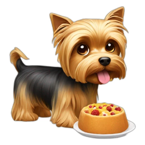 Yorkshire Terrier is eating food sticker