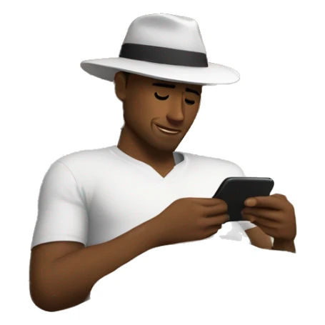 White men laying in bed, looking on his phone and one arm behind the hat sticker