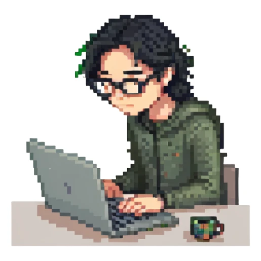 Guy with 3 inch long black hair and glasses on his laptop sticker