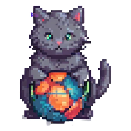 A pixel art cat, playing with a ball of yarn, simple and cute. sticker