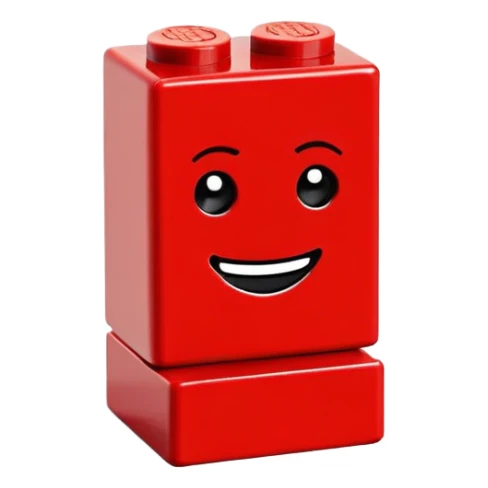 A single red Lego-style brick with a cute smiling face sticker