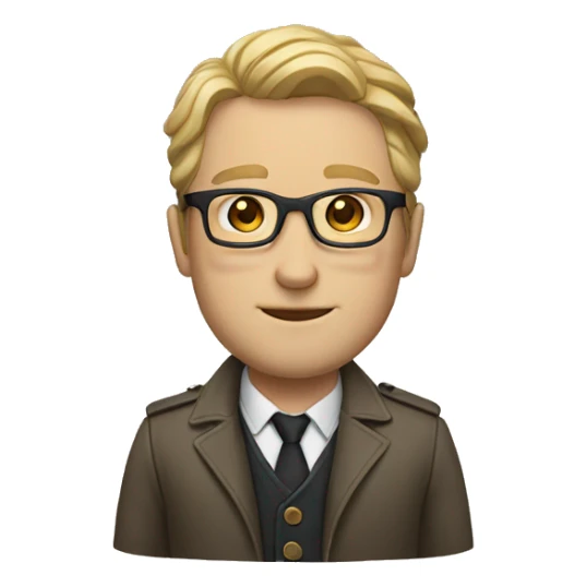 white man with straigth hair, glasses, a jacket and a necklace sticker