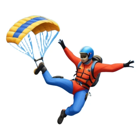 A base jumper soaring through the air, parachute deployed, flying off a steep mountain peak. The background is filled with majestic mountains, clear blue sky, and distant clouds, capturing the exhilarating thrill and beauty of extreme sports. sticker