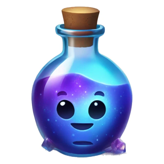 Design a small, round potion bottle with sparkling, glowing liquid inside, in shades of blue and purple, with a fantasy RPG vibe. sticker
