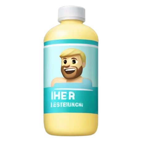 Buff man with blonde short hair and a medium length blonde beard riding on top of a giant bottle of listerine sticker