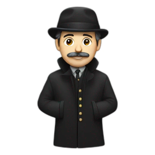 man in black coat, grey Irish cap, moustache and small beard sticker
