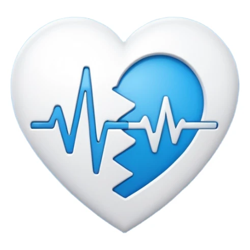 Minimal medical AI logo emoji, heart or shield shape, broken ECG line stylized as letters AI, flat vector style, clean modern healthcare design, blue and white, trustworthy, simple sticker