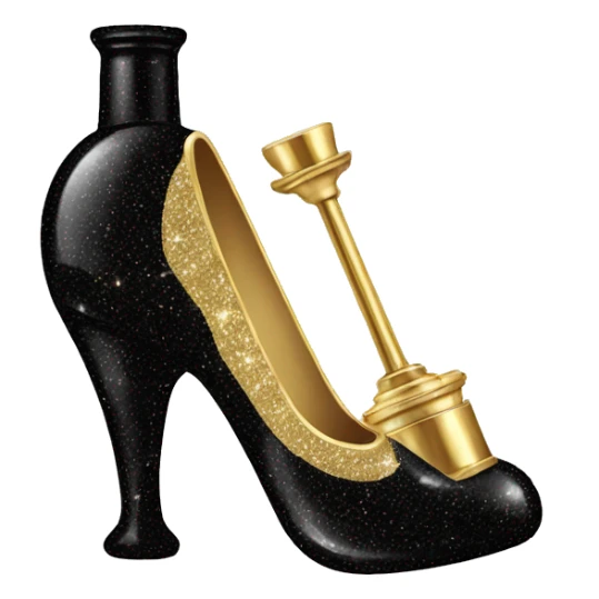 A perfume bottle formed as a black sparkly heel but the heel is gold sticker