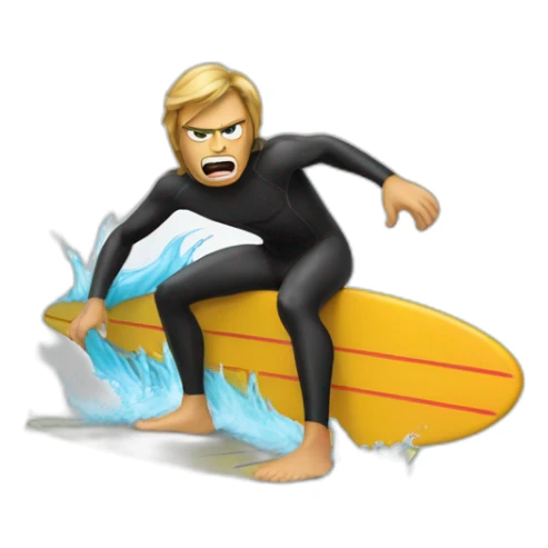 angry surfer in a wetsuit on a surfboard sticker