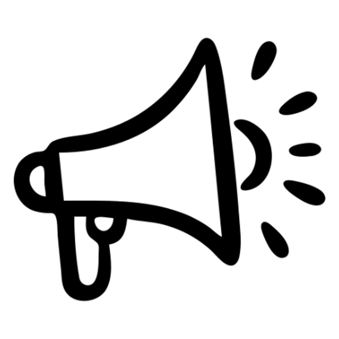 A hand-drawn megaphone or bullhorn icon with handle sticker