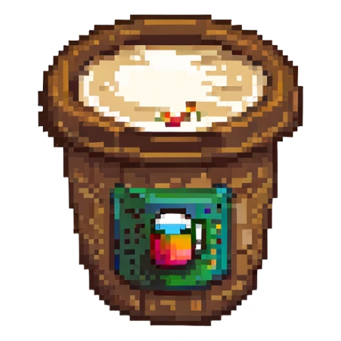 cappuccino cup with a label and a lid, pixel art style sticker