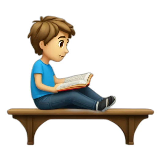 european boy seats with a book sticker