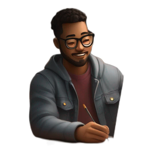 a product designer stiing in this cozy room working on Figma, hd, dramatic lighting, detailed sticker