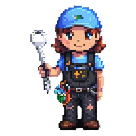 Bright colorful pixel art IT technician holding a car repair tool key sticker