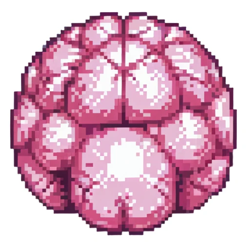 16-bit pixel art of a pink brain-shaped blob, smooth rounded brain texture, simple retro gaming style sticker