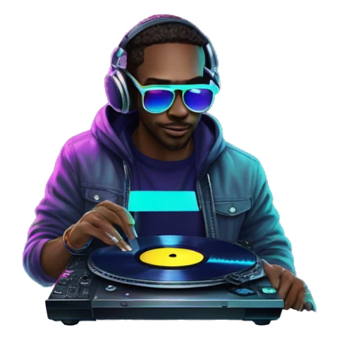 A dj wearing sunglasses playing music holding a cd record record, vinyl, oilslick holographic blacklight inverted graffiti dark dull sticker