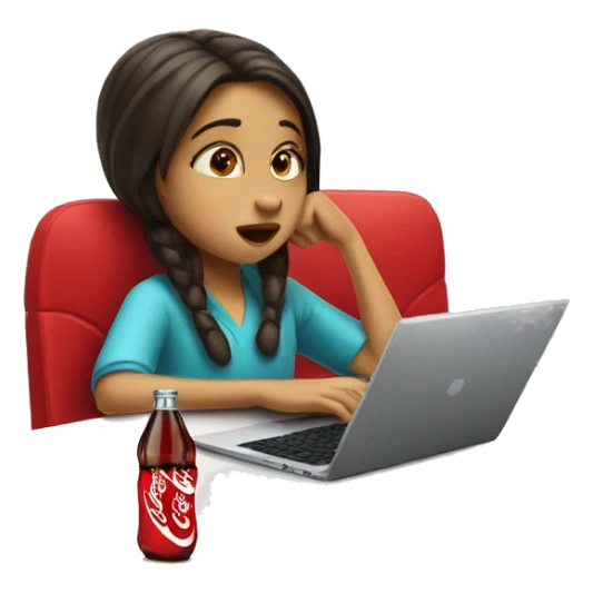 tired girl with laptop drinking coca-cola sticker