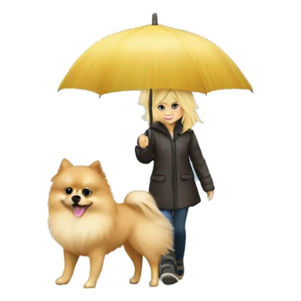 Blonde girl walking pomeranian under the rain sticker