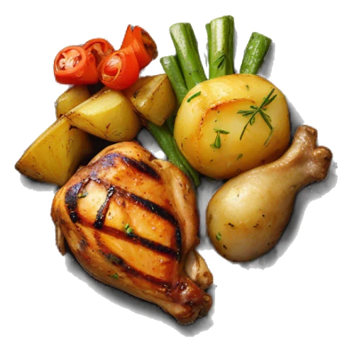 Grilled chicken, with cooked potatoes and grilled vegetables on a plate sticker