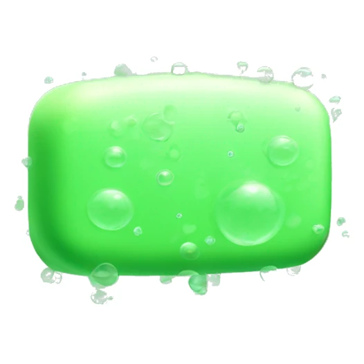 Draw a light green bar of soap. The whole thing is a bubble shape, with the tip of the bubble sticking out slightly to the side, no expression, and surrounded by bubbles, sticker
