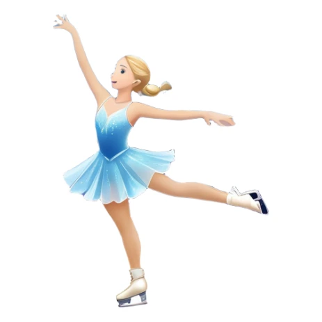 An icon featuring a shimmering rink, colorful spotlights, snowflakes gently falling from the sky, and an audience in the stands, with a snowy landscape visible through large windows with a graceful figure skater performing a spin on a sparkling ice rink. Transparent background. sticker