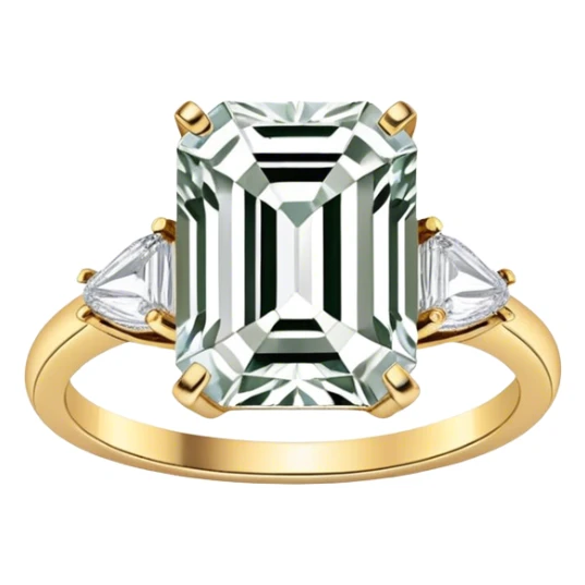 Gorgeous emerald cut colorless 5 carat diamond ring on a small gold band sticker