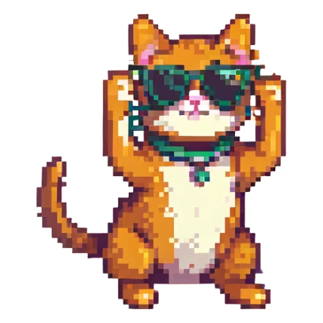 Cat wearing sunglasses in a playful stretching pose, pixel art style, no background. sticker